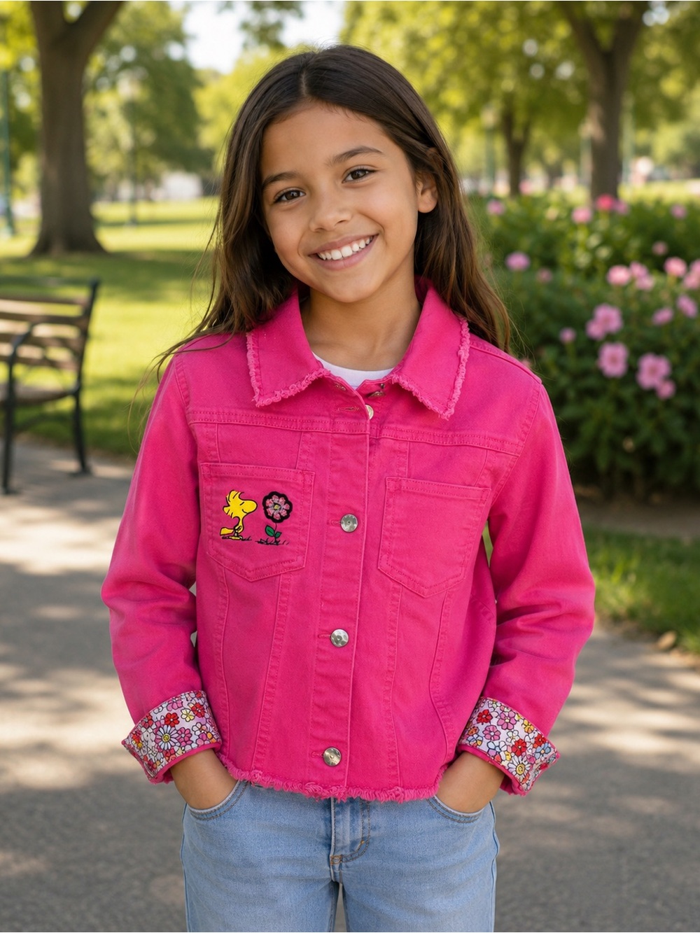 Girls' Hot Pink Denim Jacket Size 10 with Woodstock & Snoopy Patches.